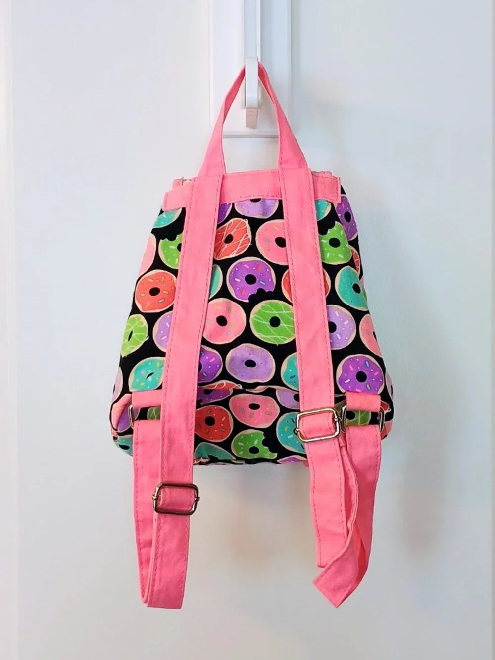 Donut Print Mini Backpack Pink Drawstring Backpack Sequin Accent Small Book Bag